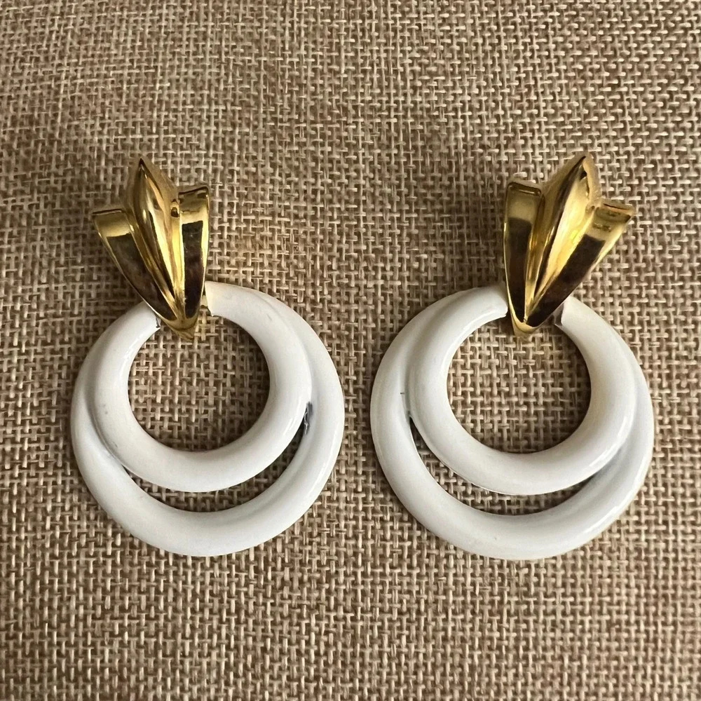 Vintage Gold Tone White Enamel Double Hoop Dangle Earrings 2.25